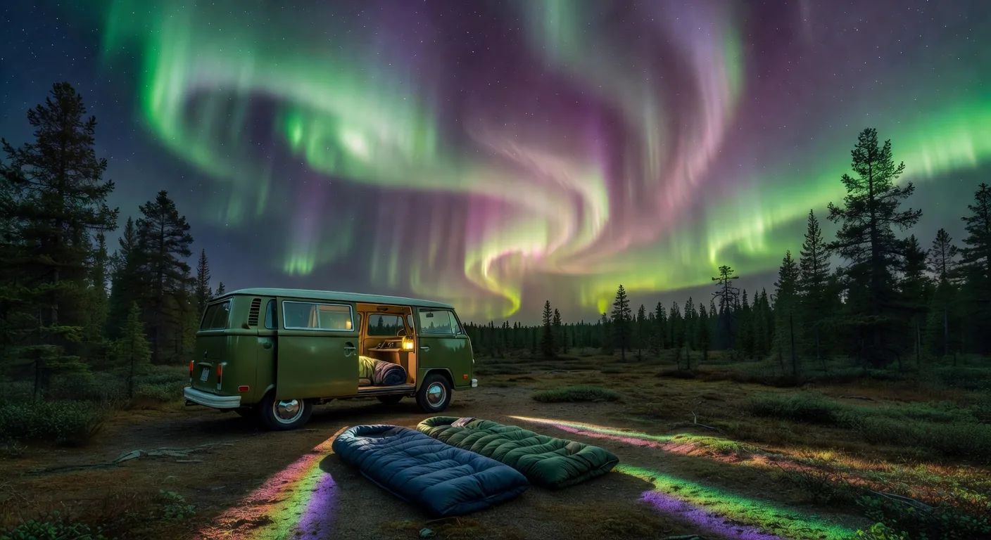 Northern lights dancing above a van campsite in the Arctic