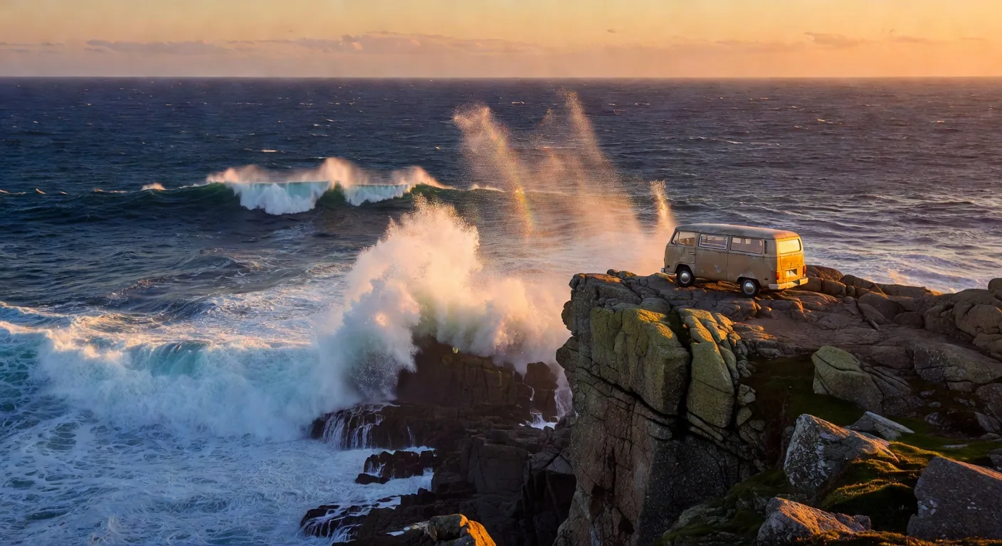 Van parked on a cliff with ocean view