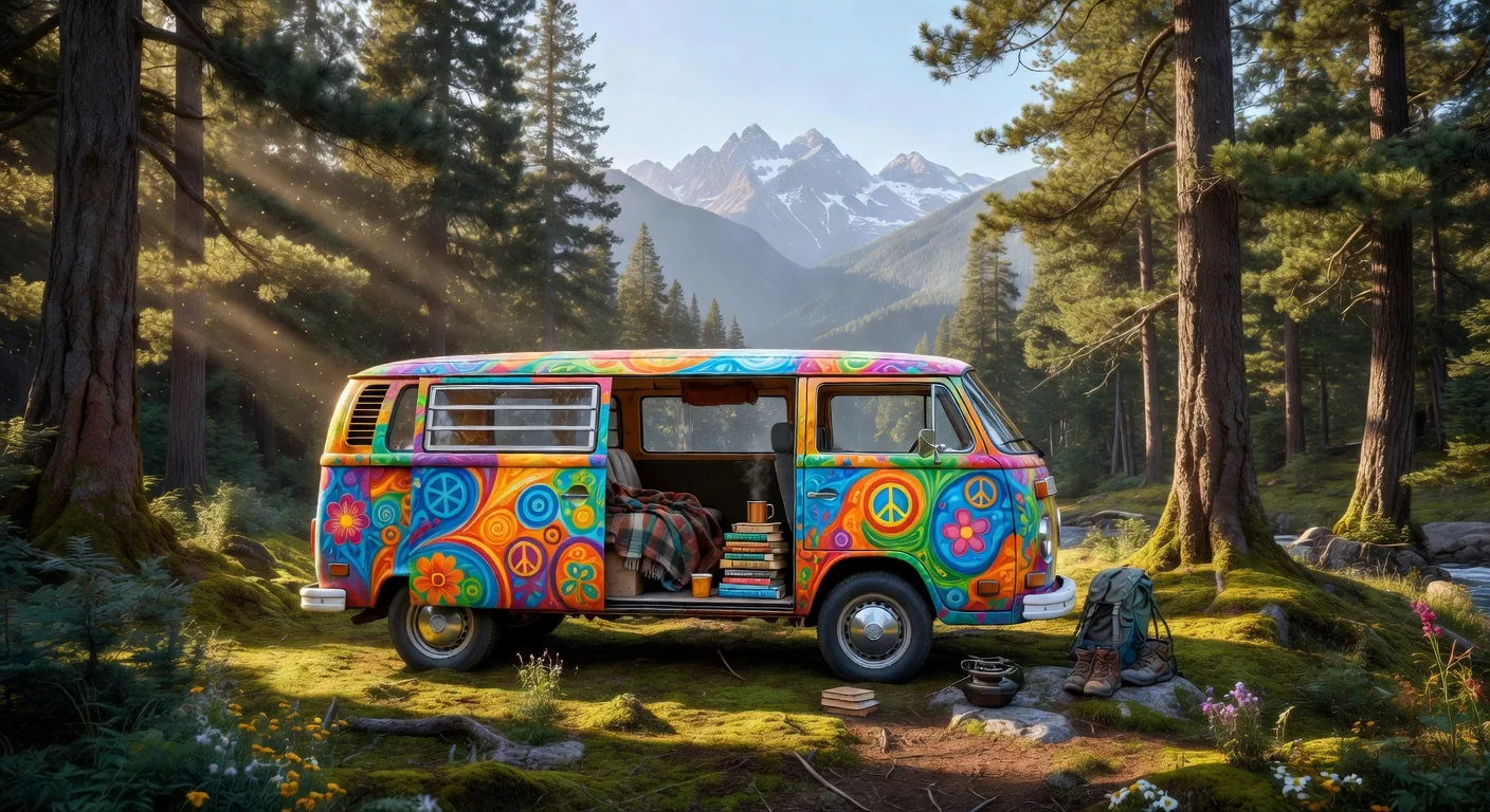 Van parked in a sunlit Pacific Northwest forest clearing, morning mist in the trees