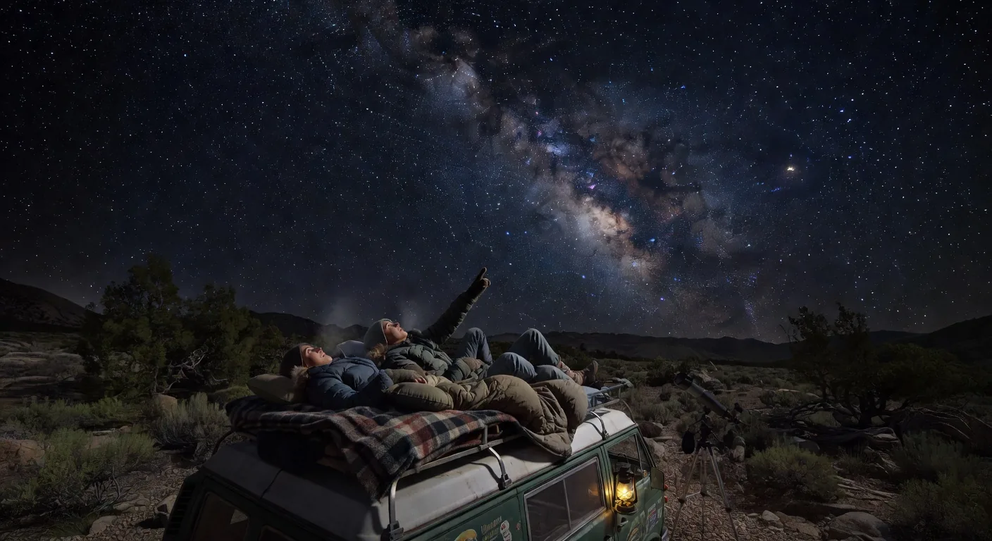 Person stargazing from the roof of a van at night