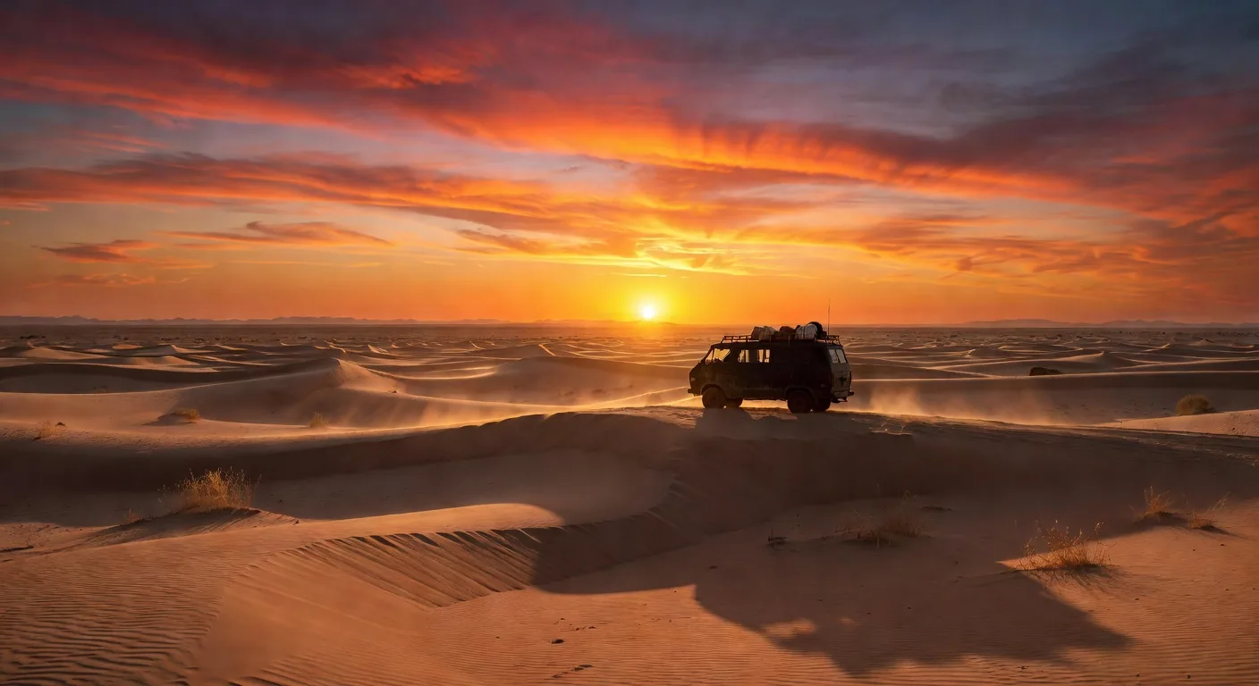 Van on Pan-American Highway at dusk, desert landscape
